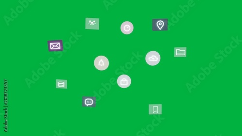 Icons forming ring from cloud expanding, pulsing, collapsing, revealing functions on transparent