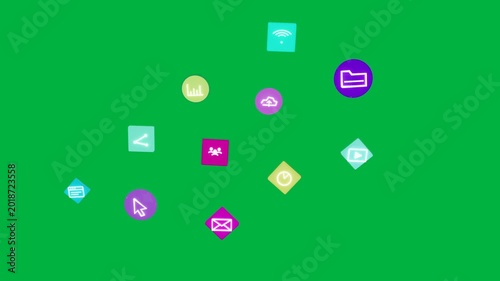 Cyan diamond pulsing, icons appearing and clustering, visualizing app network on transparent canvas