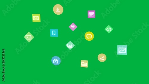 Mail appearing starting icons forming glowing cluster then scaling off transparent bg to show menu