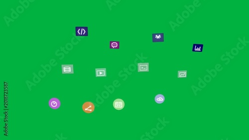 Purple circle appearing on transparent bg, icons forming three tiers then dispersing to show menu