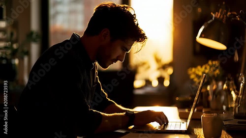 Man working on laptop at bright studio, clean minimal style, soft studio light, workspace setting