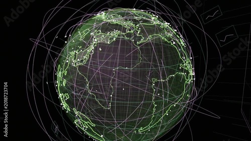 On play wire globe rotating, orbits sweeping nodes clustering, mapping network on transparent bg