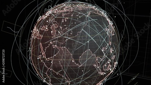 on start 3D globe rotating nodes pulsing and lines expanding showing global links on transparent BG