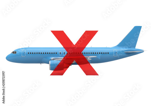 Blue passenger airplane with a large red x mark isolated on transparent background