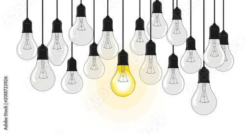 Fotografía Single glowing light bulb among dimmed ones representing a creative idea and innovation
