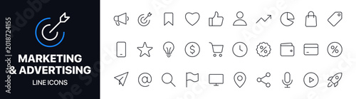 Clean marketing and advertising line icons vector set featuring business, promotion, analytics, and communication symbols. Ideal for web design, apps, presentations, and digital marketing platforms.