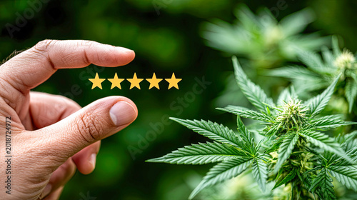 Holding five glowing stars against a backdrop of lush green cannabis leaves under bright sunlight
