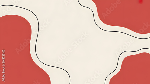 Minimalist pattern shows organic red shapes with thin black wavy lines on a light cream background