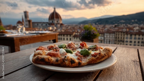 Rustic pizza bliss with Florence Cathedral sunset