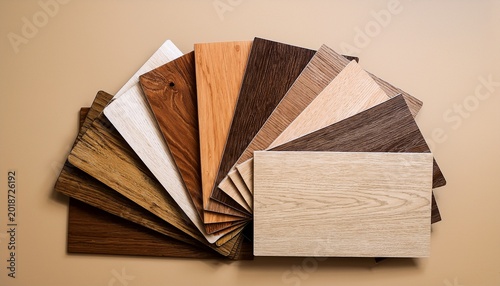 engineered hardwood or laminate flooring swatch samples in various type of wood texture isolated on beige background a variety of shades of wood floor material