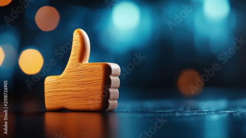 Wooden Thumb Up Icon Against Blurred Colorful Background Showing Approval and Positive Feedback