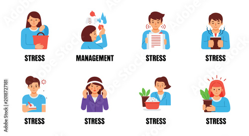 A collection of illustrated icons depicting stress management techniques and symptoms, showcasing various strategies for coping with anxiety and promoting mental wellness in a modern design.