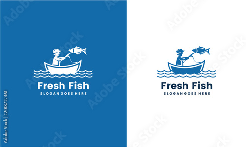 Foto Fresh Fish Logo Design with Boat and Fisherman Slogan