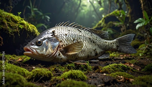 Detailed freshwater fish resting on mossy ground in lush green forest with dappled sunlight, nature and wildlife concept