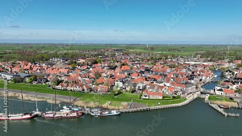 Historic waterfront town with traditional architecture in Europe