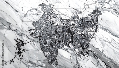 Detailed map of India composed of numerous small dots and lines on a marbled background, abstract representation of population density or connectivity