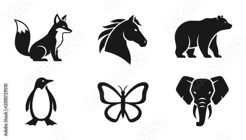 Canvas Print Black Silhouette Animal Icons Set: Fox, Horse, Bear, Penguin, Butterfly, Elephan