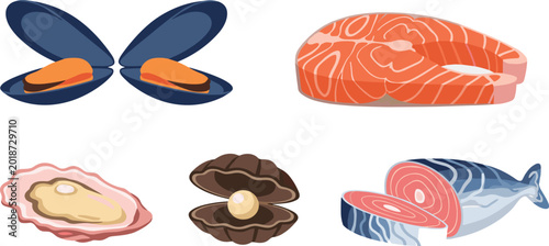Bild auf Leinwand Set of colorful flat vector illustrations of various seafood and shellfish including salmon, tuna, mussels, and oysters isolated on a white background