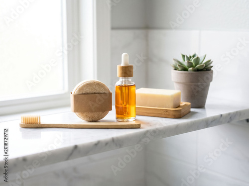 Zero Waste Bathroom Products Arranged on Marble Shelf Reflecting Sustainable Personal Care and Plastic Free Routine