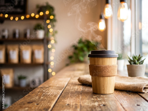 Reusable Bamboo Coffee Cup Sitting on Wooden Cafe Table Representing Mindful Consumption and Plastic Free Daily Habits