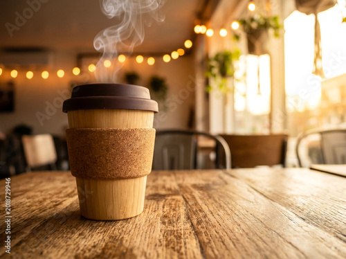 Reusable Bamboo Coffee Cup Sitting on Wooden Cafe Table Representing Mindful Consumption and Plastic Free Daily Habits