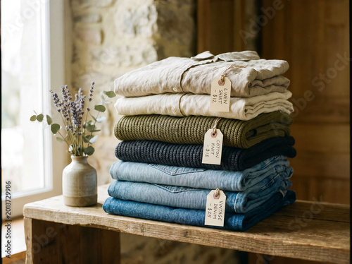 Neatly Folded Secondhand Clothing Stacked on Wooden Shelf Representing Slow Fashion and Conscious Consumer Choice