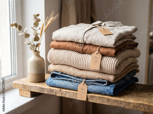 Neatly Folded Secondhand Clothing Stacked on Wooden Shelf Representing Slow Fashion and Conscious Consumer Choice