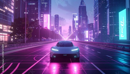 Futuristic Autonomous Vehicle on Neon Smart Road – AI Transportation Background