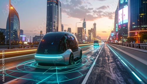 Futuristic Autonomous Vehicle on Neon Smart Road – AI Transportation Background