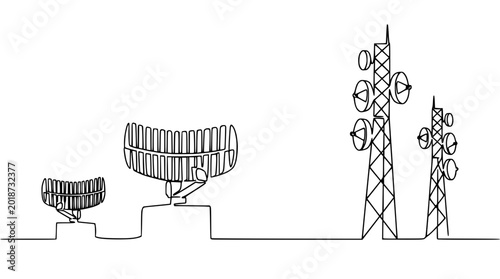 Bild auf Leinwand Communication Towers and Radar Dish Antennas, Line Art Illustration