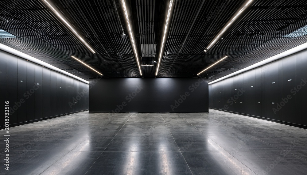 a state of the art empty hall with a concrete floor black walls and led lights positioned in a row on the black ceiling mockup