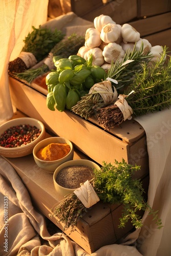 Artistic Top View of Fresh Herbs Bundles, Garlic Bulbs, and Bowls of Colorful Spices on Rustic Wood