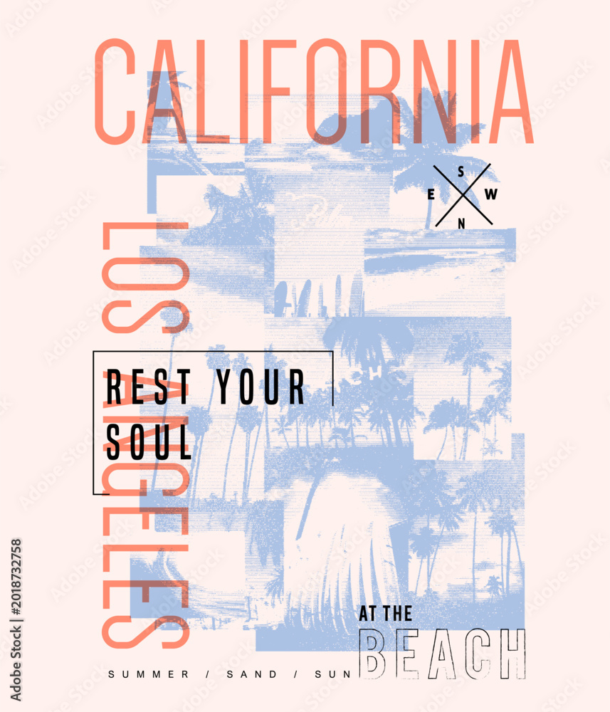 Fototapeta premium California Los Angels Beach Vector Graphic Prints. palm tree beach t-shirt design. Summer vintage retro graphic tee shirt design. boy's men's fashion graphic. typography slogan text print. 