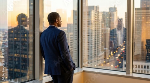 Pensive Black man in business suit standing by office window overlooking city skyline at sunset, reflective mood and urban professional atmosphere