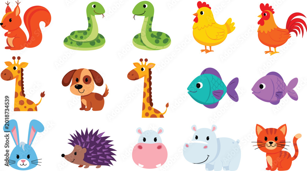 Obraz premium Large collection of cute cartoon animal vector characters featuring giraffe snake chicken fish hippo and hedgehog for children's educational books and nursery wall art.