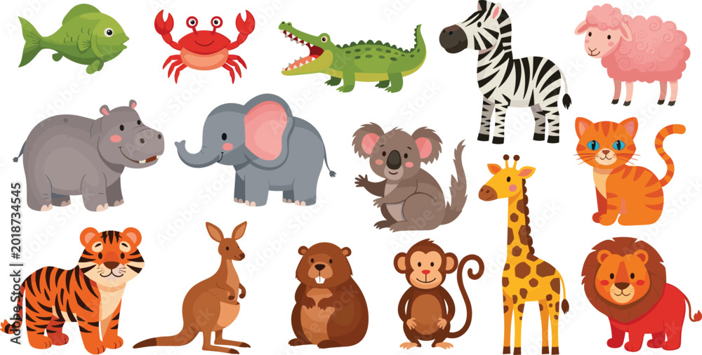 Obraz premium Large collection of cute cartoon animal vector characters including tiger lion koala giraffe zebra and elephant for children's educational books and nursery wall art decor.