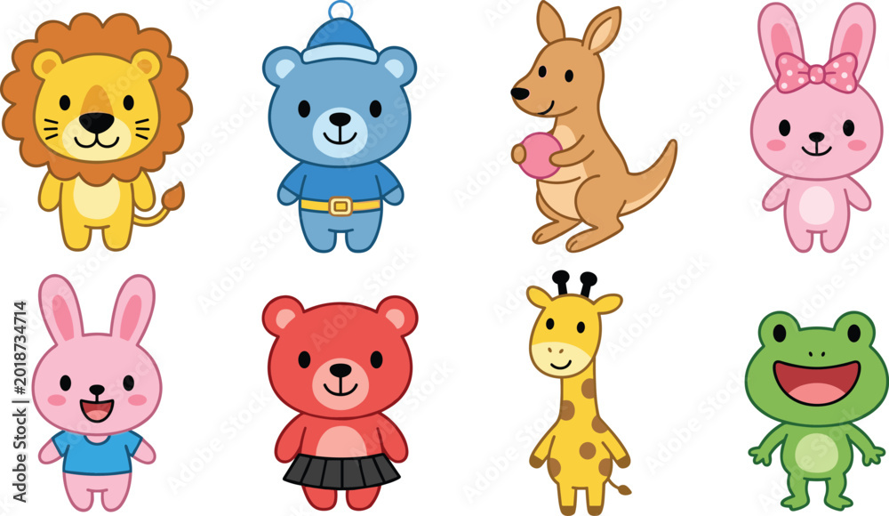 Fototapeta premium Set of cute standing cartoon animals vector collection featuring lion, bears in outfits, kangaroo, bunny rabbits, giraffe, and happy frog,
