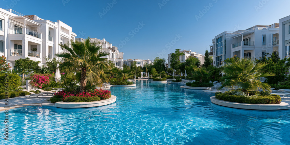 Fototapeta premium <Luxury Poolside Resort with Elegant Architecture and Serene Garden for a Relaxing Tropical Vacation>