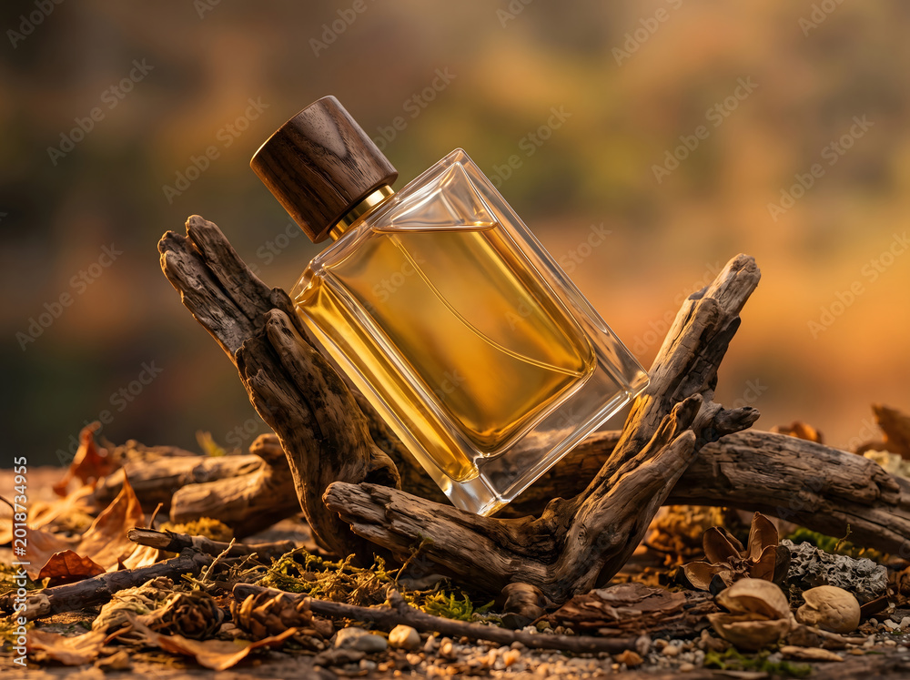 Obraz premium Elegant perfume bottle displayed on rustic wood with transparent background