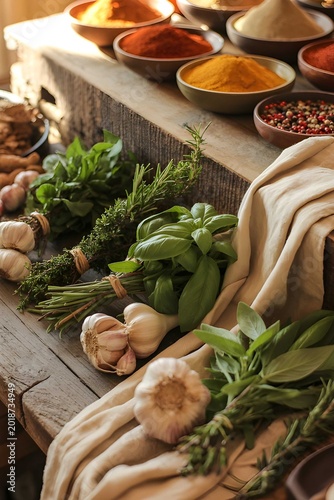 Close-up of Vibrant Organic Spices in Bowls with Fresh Green Herbs and Garlic on a Weathered Wooden Surface