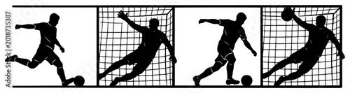 Tableau sur toile Soccer player silhouettes kicking ball and goalkeeper diving in graphic sports s
