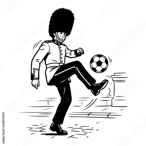 Εκτύπωση καμβά British royal guard playing soccer with ball in London street sketch style