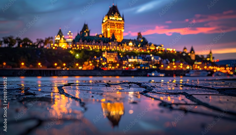 Obraz premium Fairmont Le Chateau Frontenac, Quebec City illuminated at twilight, historic architecture, waterfront view with reflections on wet cobblestones, dramatic sky