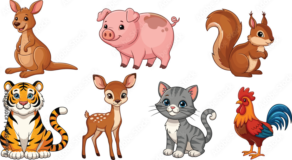 Obraz premium Collection of detailed cute cartoon animal vector characters including kangaroo tiger deer squirrel and rooster for children educational books and nursery wall art.