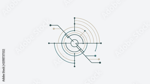Abstract technological target or radar interface with concentric circles and connecting lines on a light background