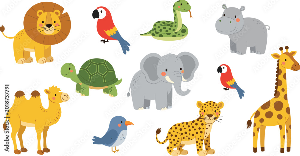 Fototapeta premium Large collection of cute cartoon safari animal vector characters featuring lion elephant giraffe leopard camel and tropical birds for kids' educational nursery wall art.