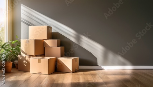 cardboard boxes stacked in empty room with natural light