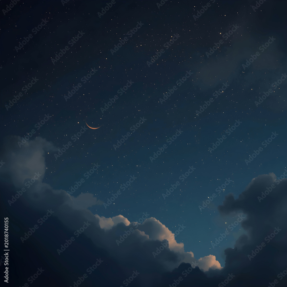 Fototapeta premium Beautiful crescent moon in the dark night sky with shining stars and soft clouds, peaceful atmosphere of Islamic holiday night, Eid al-Adha and Ramadan concept background