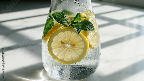 Crystal Glass Carafe With Refreshing Lemon Slices And Fresh Mint Leaves On Marble Surface. Sunlight Casts Window Shadow Patterns. Sparkling Water Being Poured Into Elegant Pitcher.
