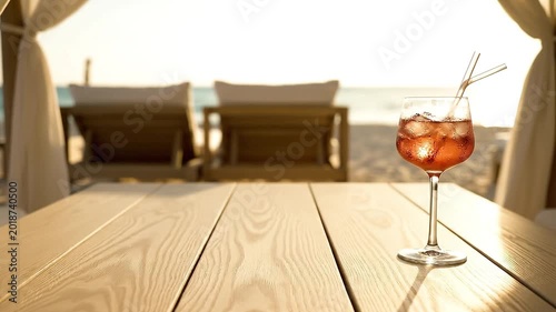 Iced Amber Cocktail In Elegant Wine Glass On Wooden Beach Table. White Curtains Billow In Ocean Breeze At Sunset. Luxury Tropical Resort Bar With Golden Hour Lighting And Relaxed Vacation Mood.
